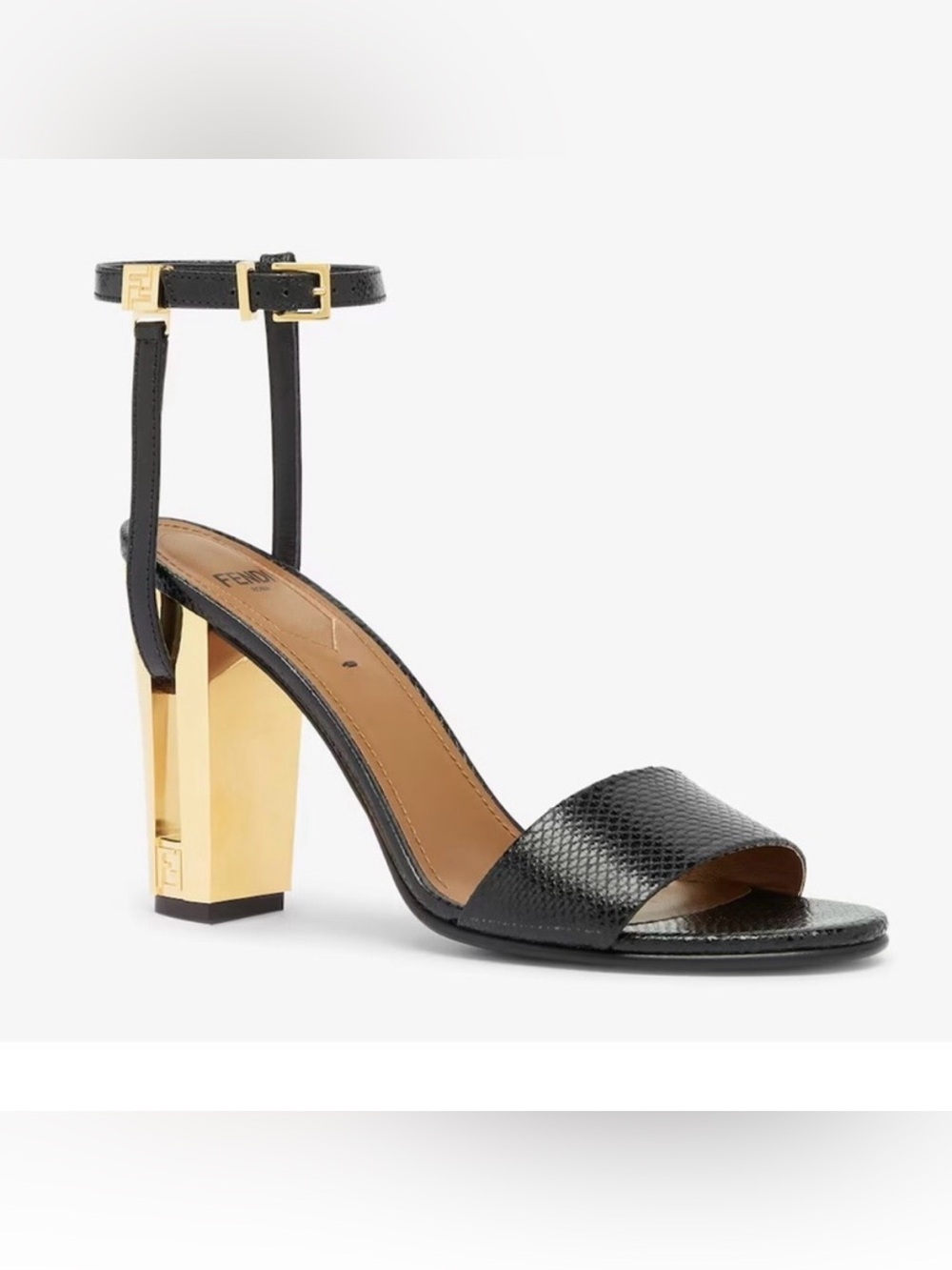 Fendi Delphine Ankle Strap Heel with Gold Block Heel